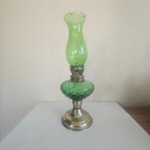 Vintage Green Glass Diamond Pattern Oil Lamp